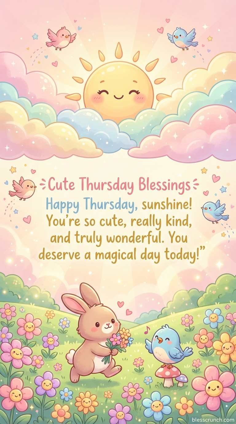 A cheerful message saying “Happy Thursday, sunshine! You're so cute, really kind, and truly wonderful. You deserve a magical day today!” on a bright, uplifting background.