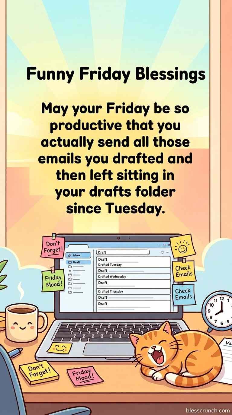 Funny Friday blessing about finally sending emails left in drafts since Tuesday.