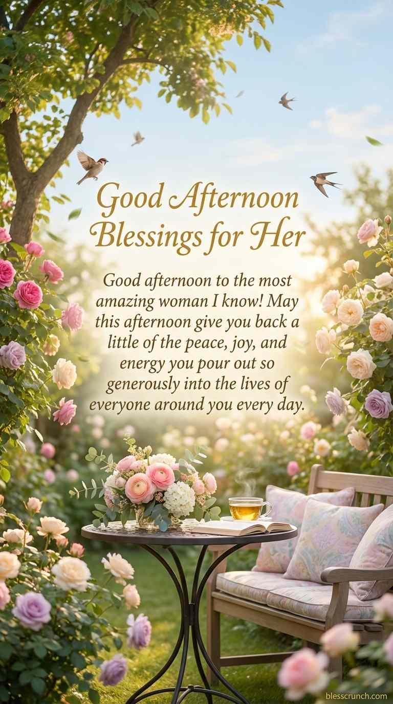 Good afternoon blessing wishing her peace, joy, and renewed energy.