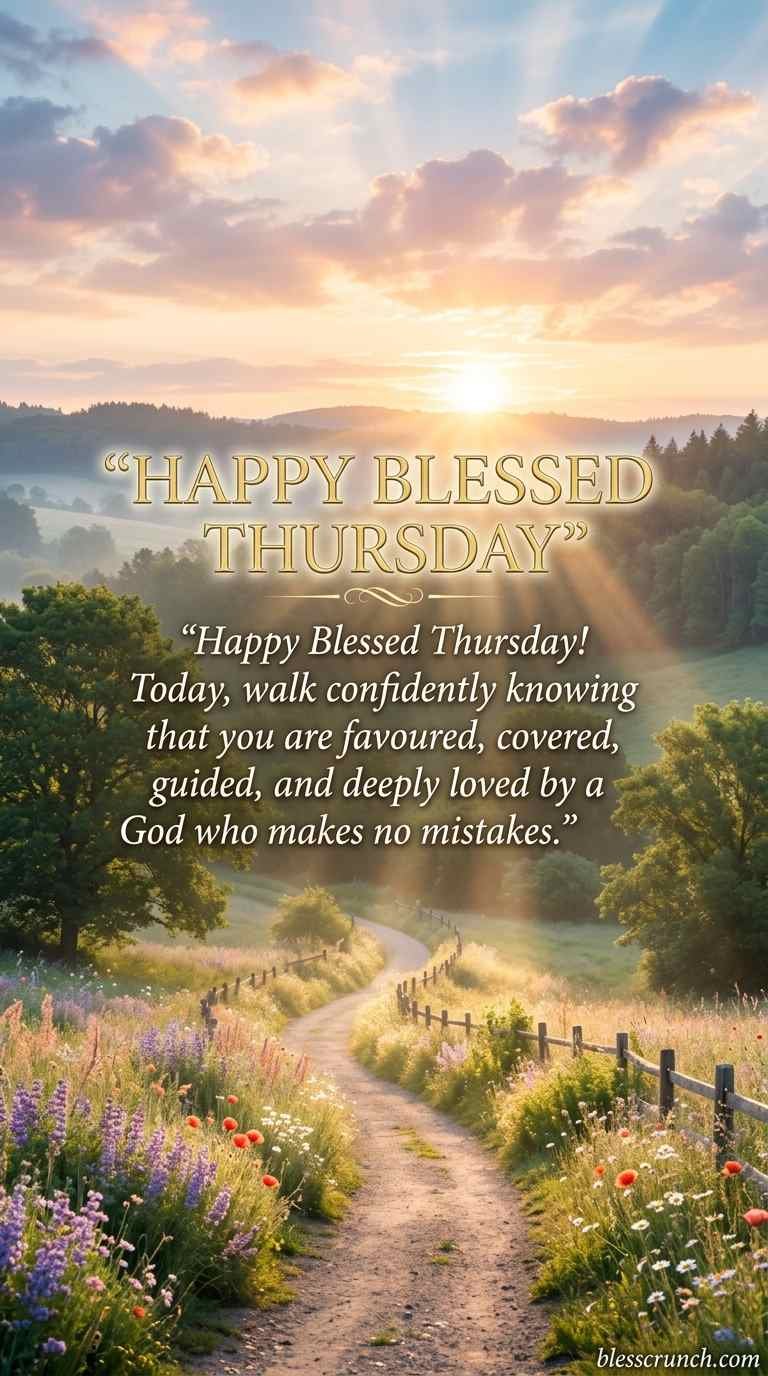 A motivational Thursday blessing that reads, “Happy Blessed Thursday! Today, walk confidently knowing that you are favoured, covered, guided, and deeply loved by a God who makes no mistakes,”