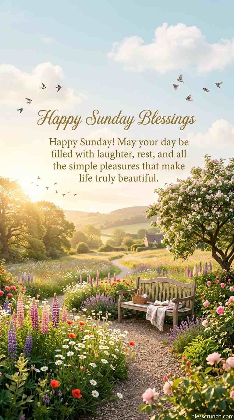 Happy Sunday blessing wishing laughter, rest, and simple pleasures for a beautiful day.
