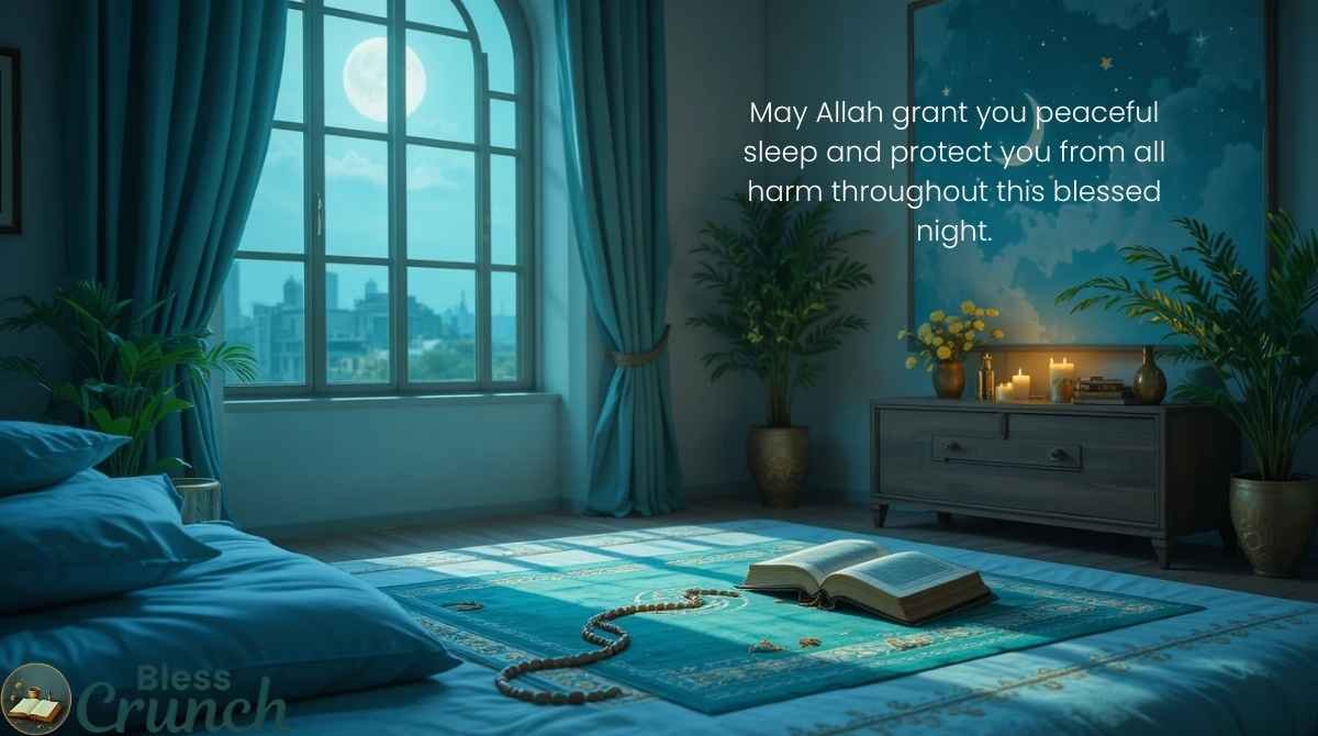 Islamic good night blessings with duas for protection, peace, and restful sleep under Allah’s mercy