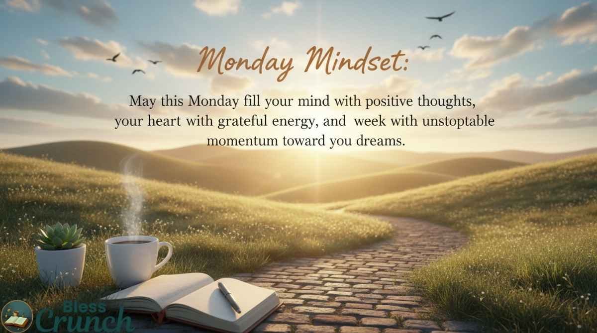 Monday blessings image with "Monday Mindset" message encouraging positive thoughts, gratitude, and unstoppable momentum toward dreams