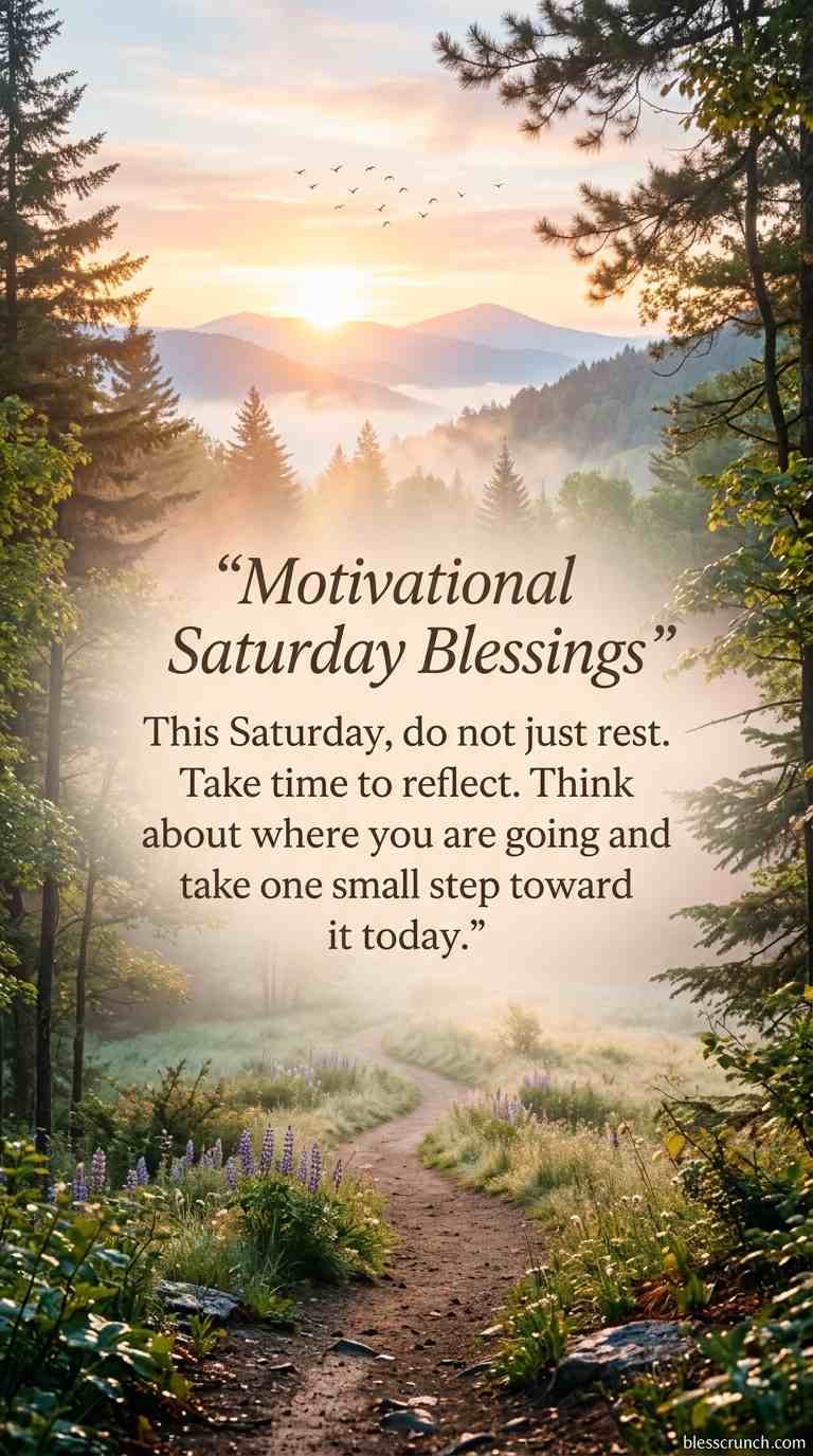 Motivational Saturday blessing encouraging reflection and small steps toward goals. 