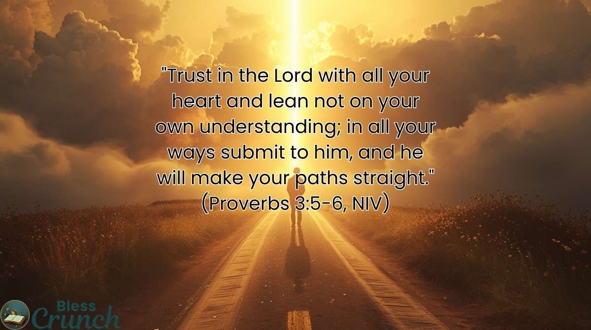 Bible verse Proverbs 3:5–6 NIV encouraging trust in the Lord with all your heart and faith in His guidance to make your paths straight.