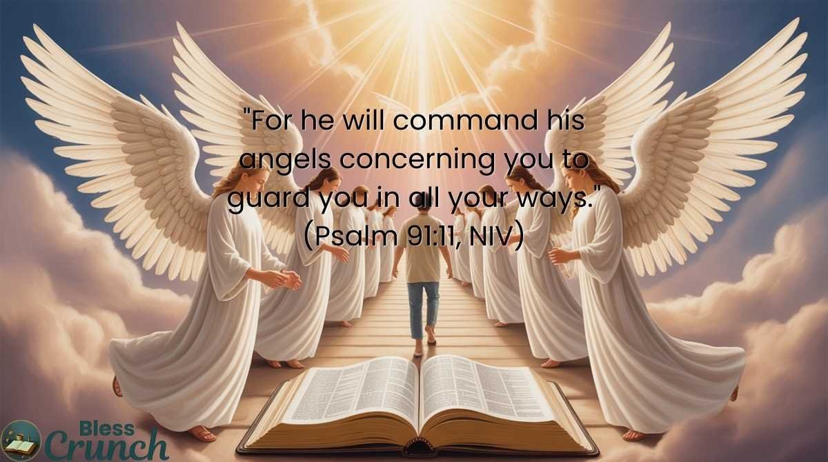 Bible verse Psalm 91:11 NIV about God commanding His angels to guard and protect you in all your ways, symbolizing divine protection and peace.