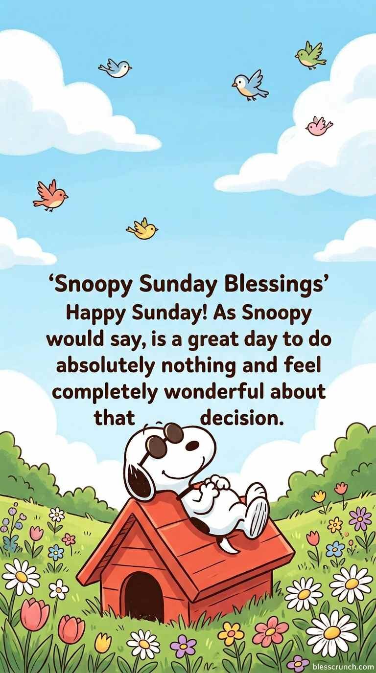 Happy Sunday blessing featuring Snoopy, encouraging relaxation and doing nothing joyfully.