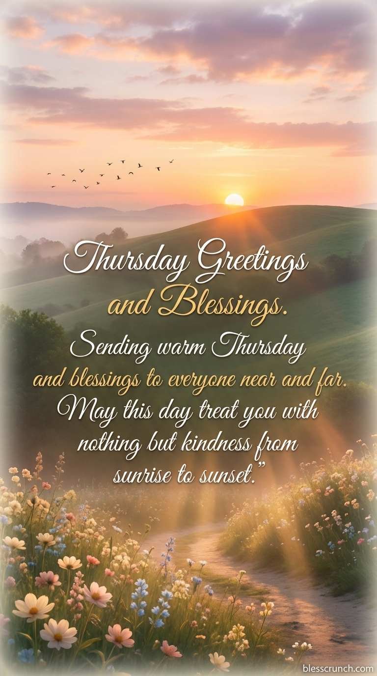 A heartwarming Thursday greeting that says, “Sending warm Thursday greetings and blessings to everyone near and far. May this day treat you with nothing but kindness from sunrise to sunset,” on a cheerful background.
