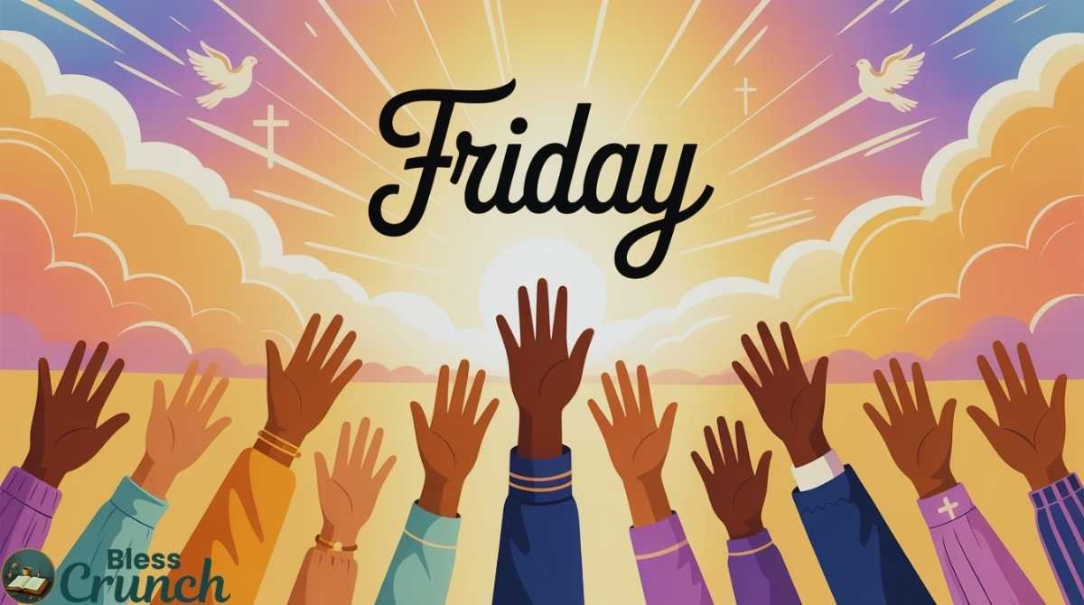 African American Friday blessing image showing hands lifted in praise against sunset symbolizing faith freedom and hope