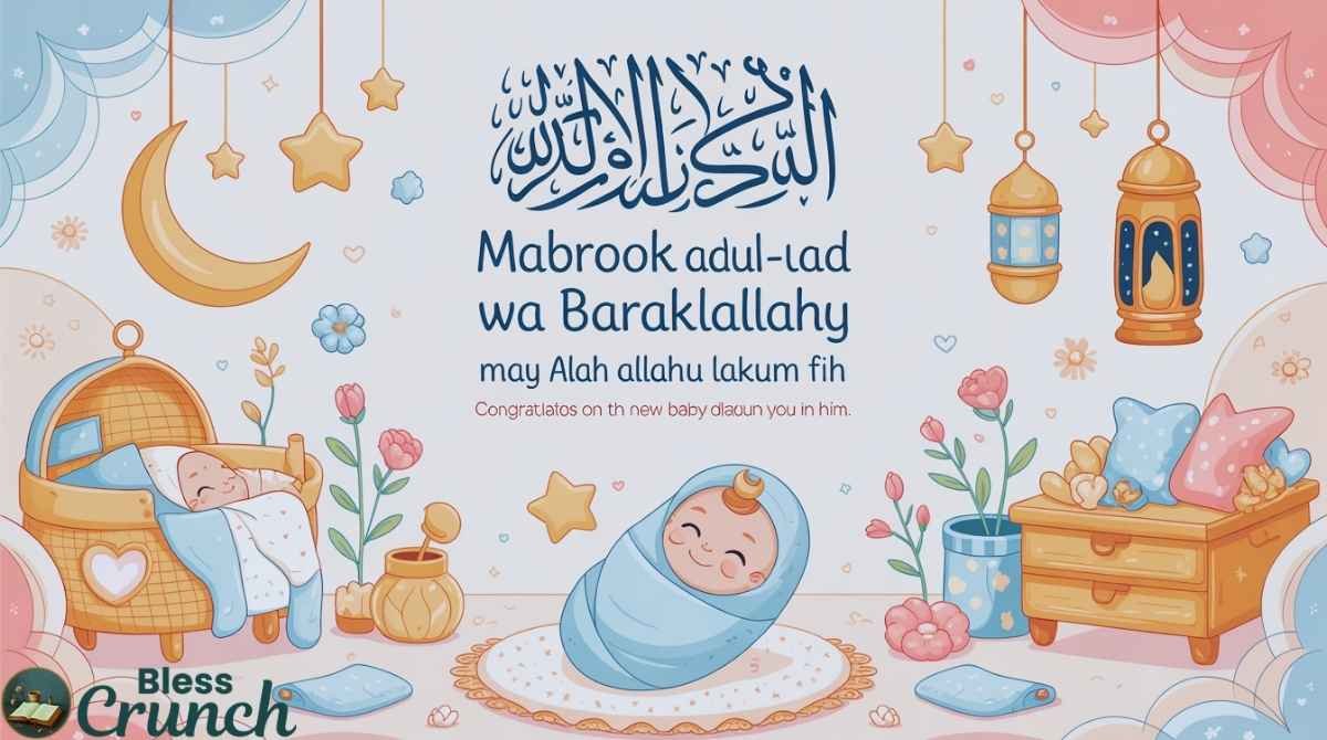 Arabic new baby blessing "Mabrook al-mawlud al-jadid wa barakallahu lakum fih" congratulating parents and asking Allah's blessings