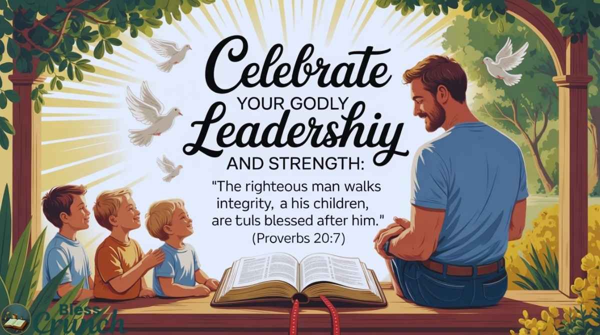 Birthday Bible verse blessing for father quoting Proverbs 20:7 celebrating integrity, leadership, and blessings for children