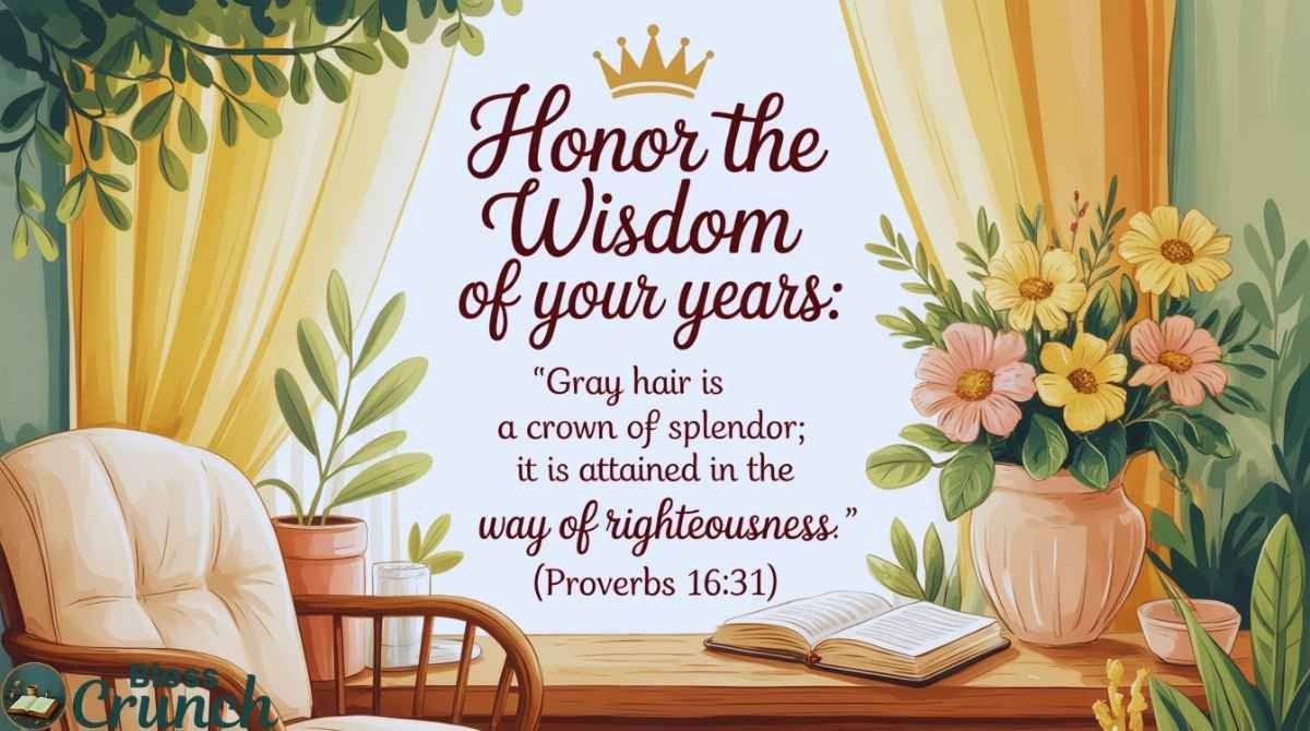 Birthday Bible verse blessing for seniors quoting Proverbs 16:31 honoring wisdom, gray hair, and righteous living