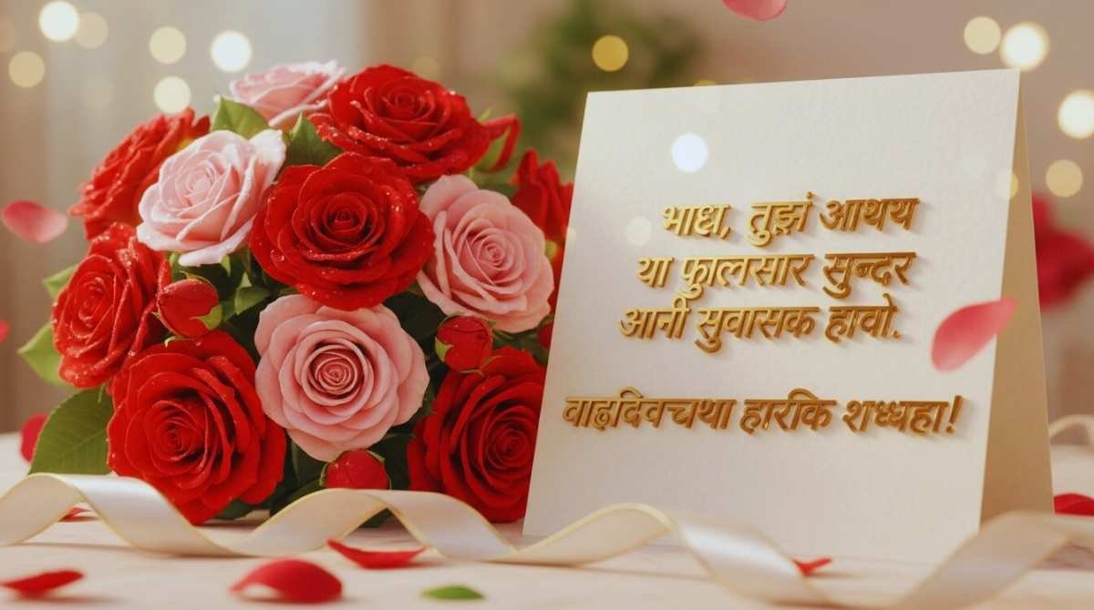 Marathi birthday wishes with rose image and heartfelt message for brother, wishing beauty and happiness