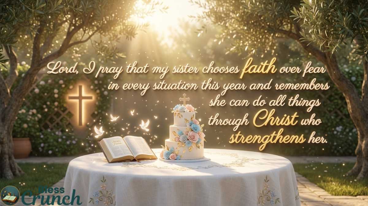 Christian Birthday Prayers for Sister asking God for strength, faith over fear, and blessings through Christ