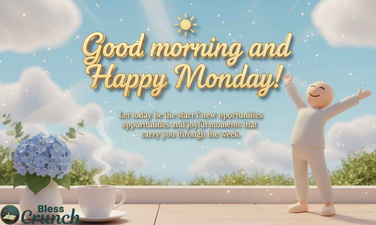 Happy Monday image with good morning message, sunshine, and positive vibes for a fresh start