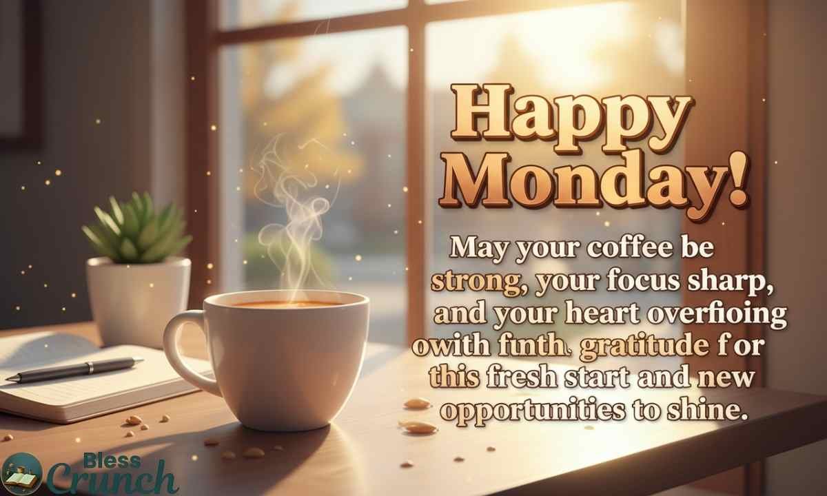 Happy Monday wishes with coffee, motivation, and positive energy for a fresh start