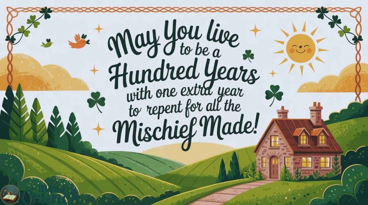 Irish birthday blessing with traditional humor wishing a long life and joyful mischief