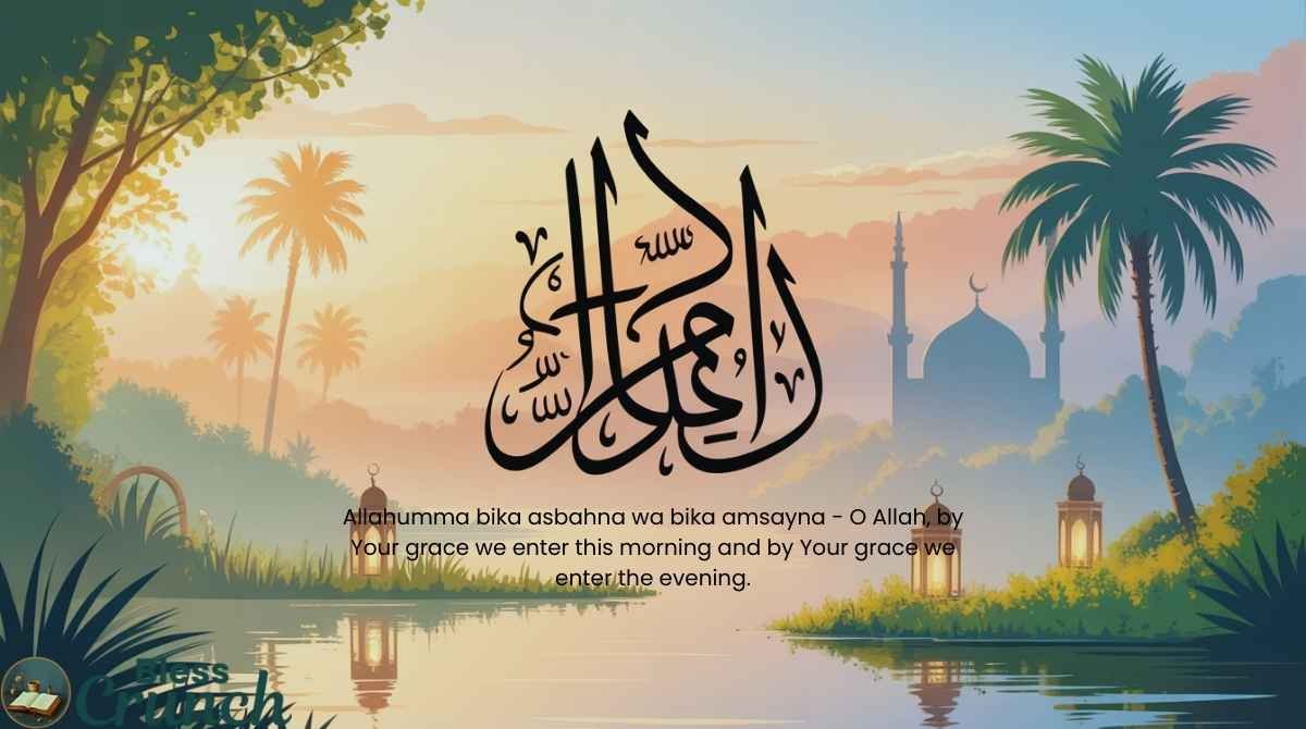 Islamic morning blessing dua in Arabic and English asking Allah for grace in morning and evening