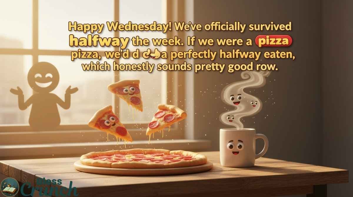 Funny Wednesday blessing message about surviving midweek with humor, comparing the week to a half-eaten pizza