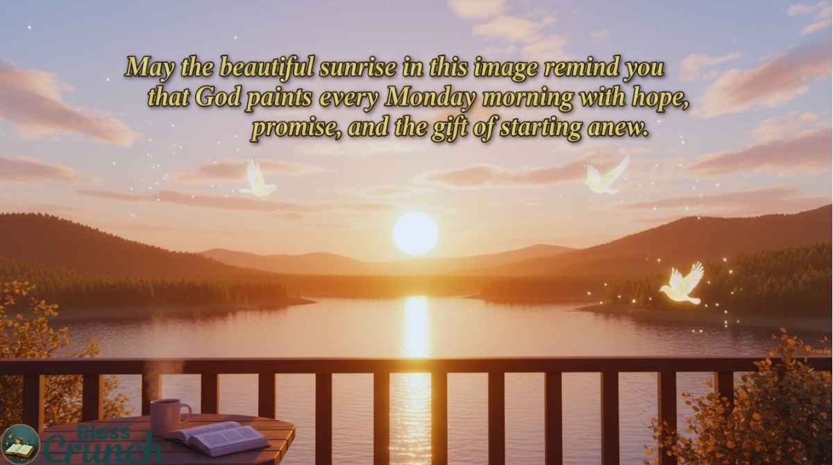 Good morning Monday blessings image with a beautiful sunrise symbolizing hope, faith, and a fresh new beginning