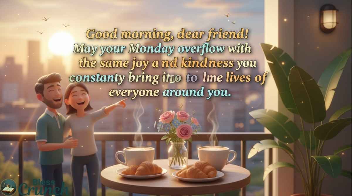Good morning Monday blessings for friends with a warm sunrise message of joy, kindness, and friendship to start the week