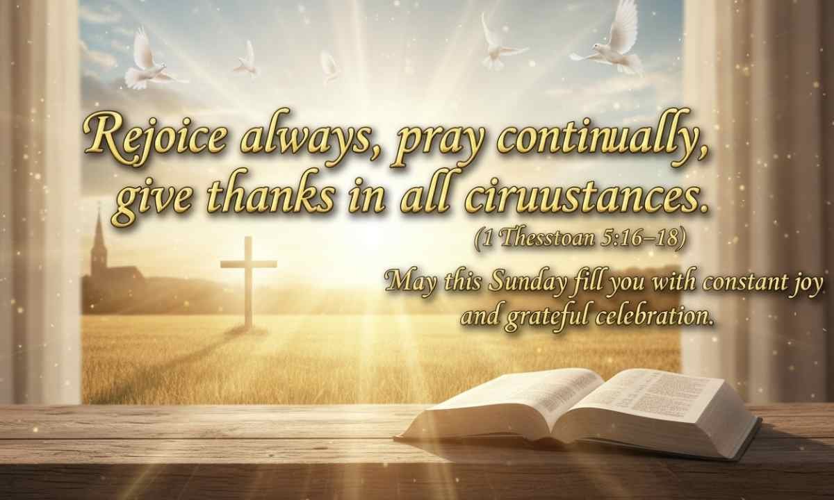 Good Morning Sunday Bible verse blessing from 1 Thessalonians about joy, prayer, and gratitude