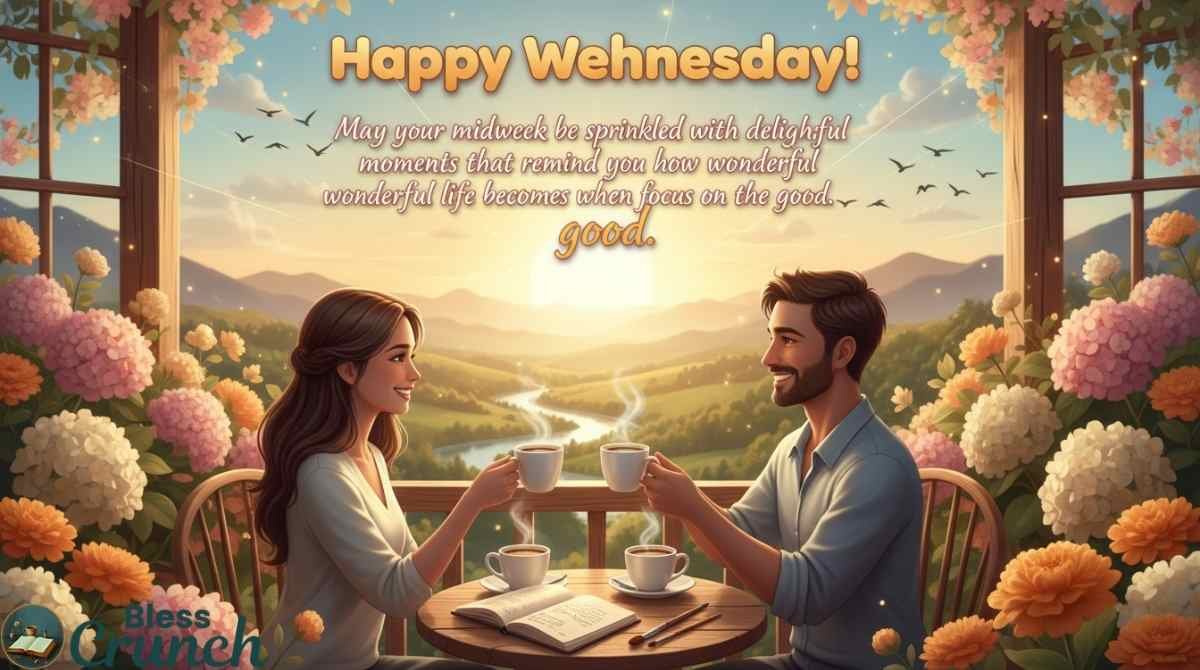Happy Wednesday morning message wishing a joyful, positive midweek filled with delightful moments and gratitude