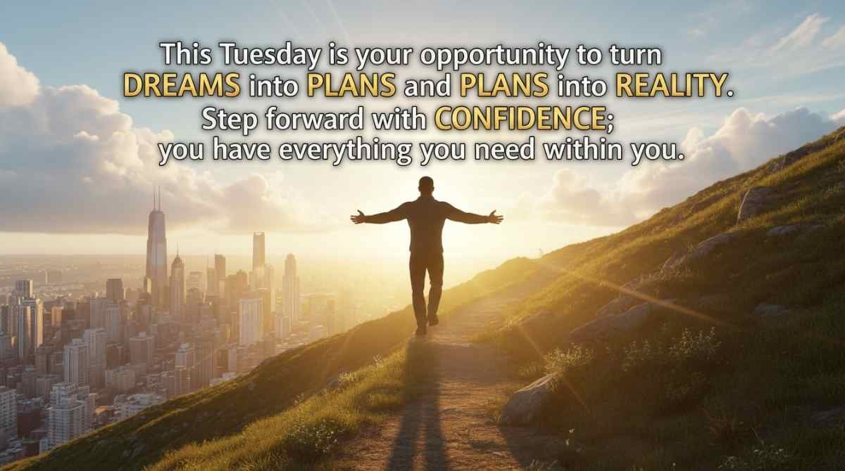 Inspirational good morning Tuesday blessing encouraging confidence, motivation, inner strength, and positive energy for a successful day