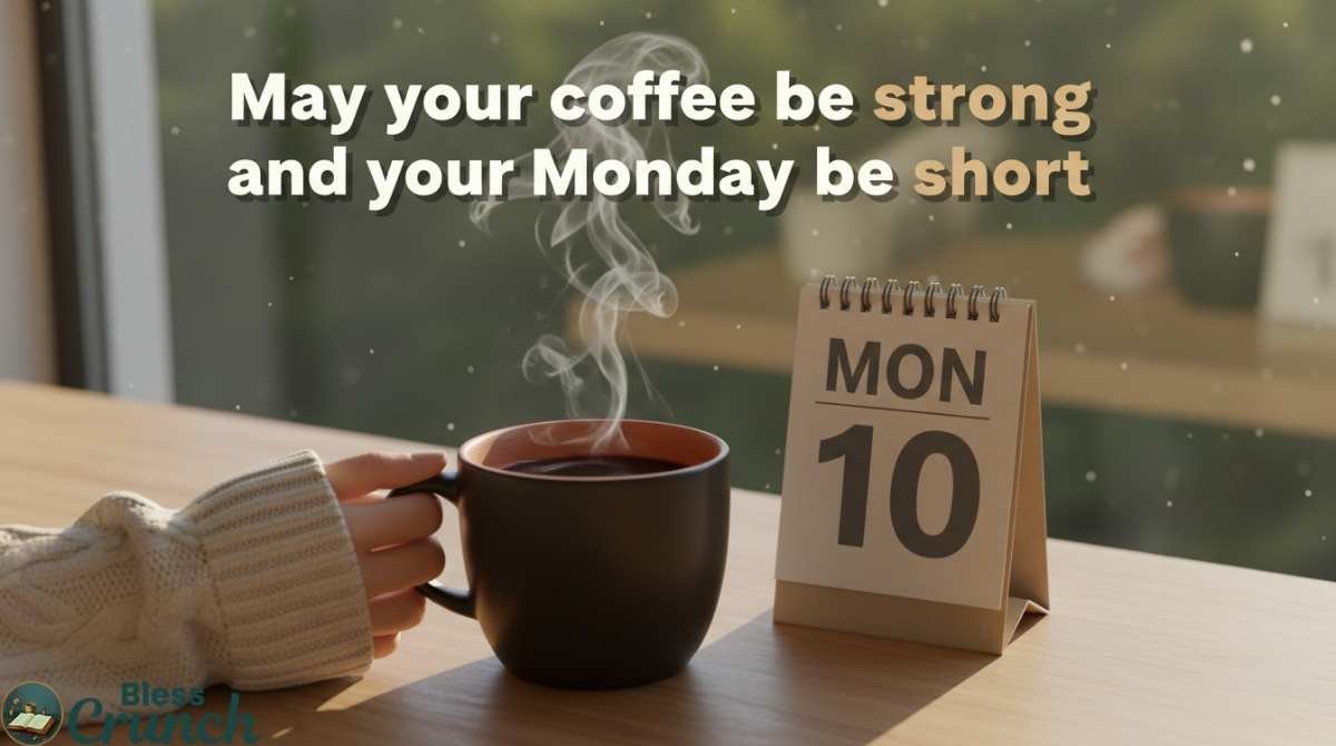Short and cool morning blessing with a funny message about strong coffee and a short Monday to start the day with humor and positivity