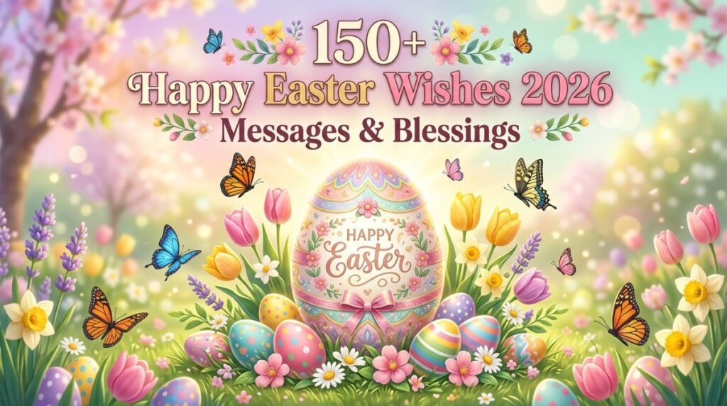 Heartwarming Easter blessing with colorful eggs and flowers, conveying love, comfort, and joy in 2026.