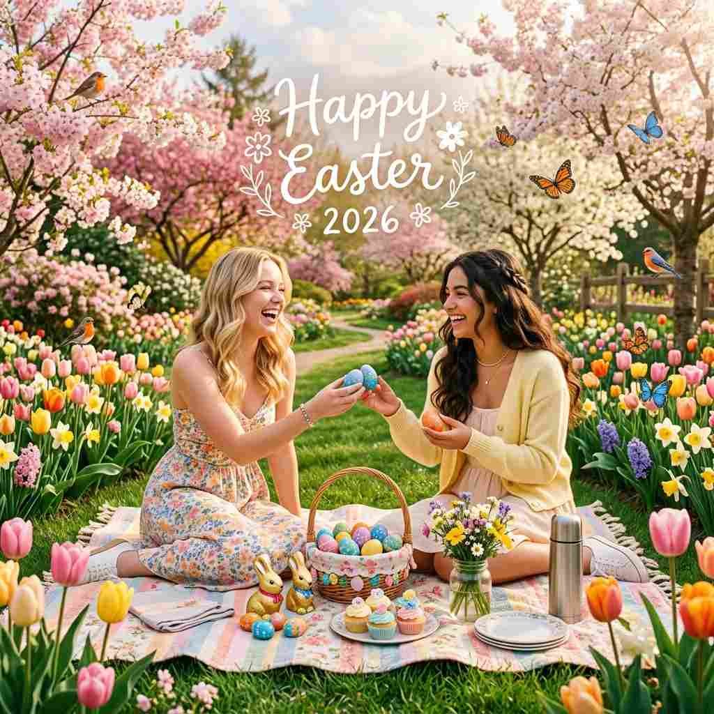 Happy Easter greeting for friends with colorful eggs, flowers, and warm wishes for joy and happiness in 2026.