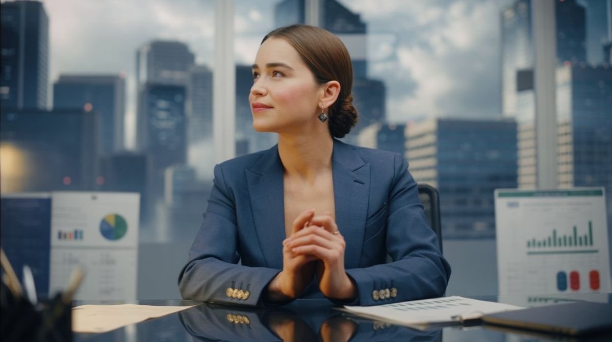 Emilia Clarke in a modern office with a city skyline, wearing an elegant suit, with subtle dragon imagery and financial documents symbolizing wealth beyond Westeros.
