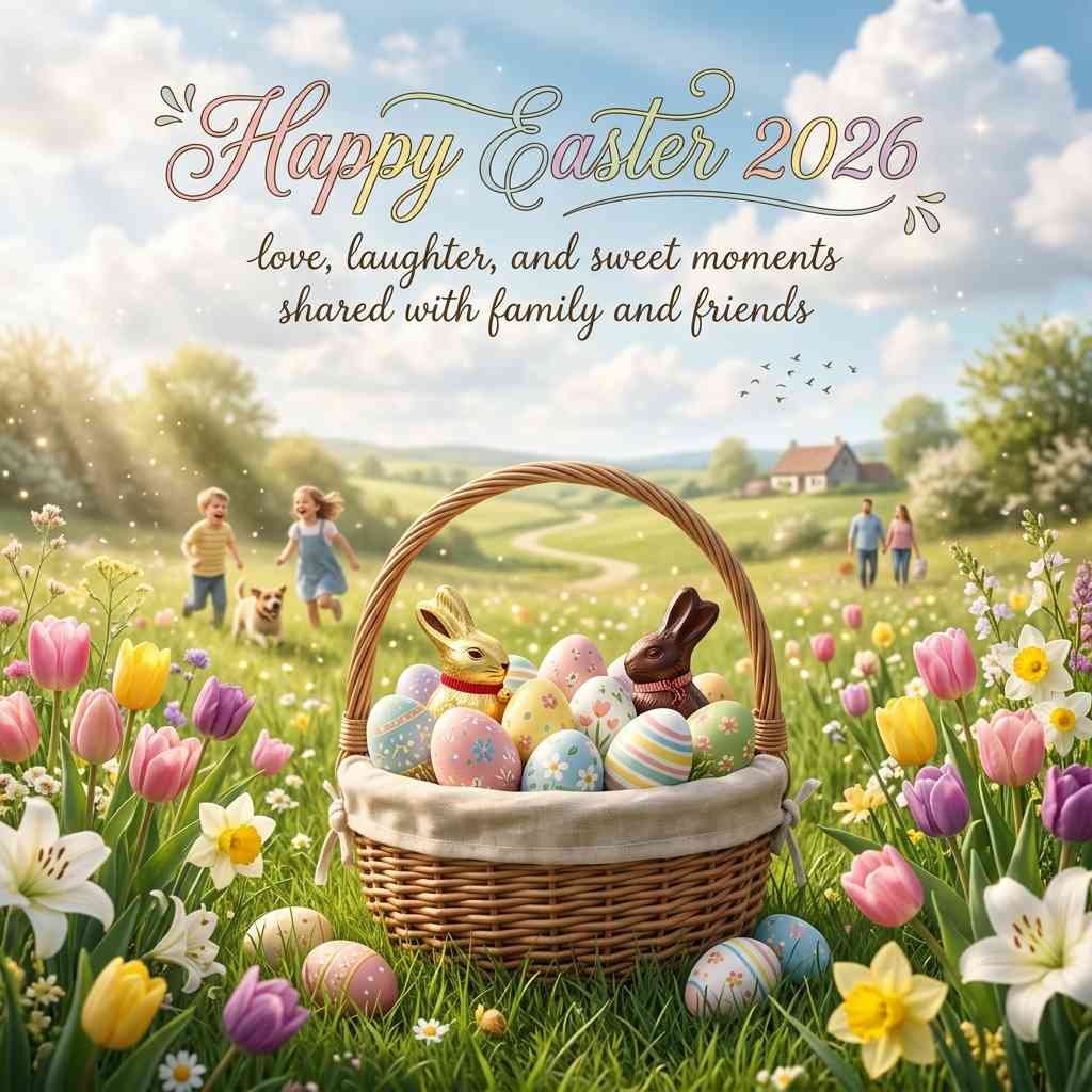 Colorful Easter greeting with eggs, flowers, and joyful wishes for a sweet and beautiful Easter 2026 celebration.
