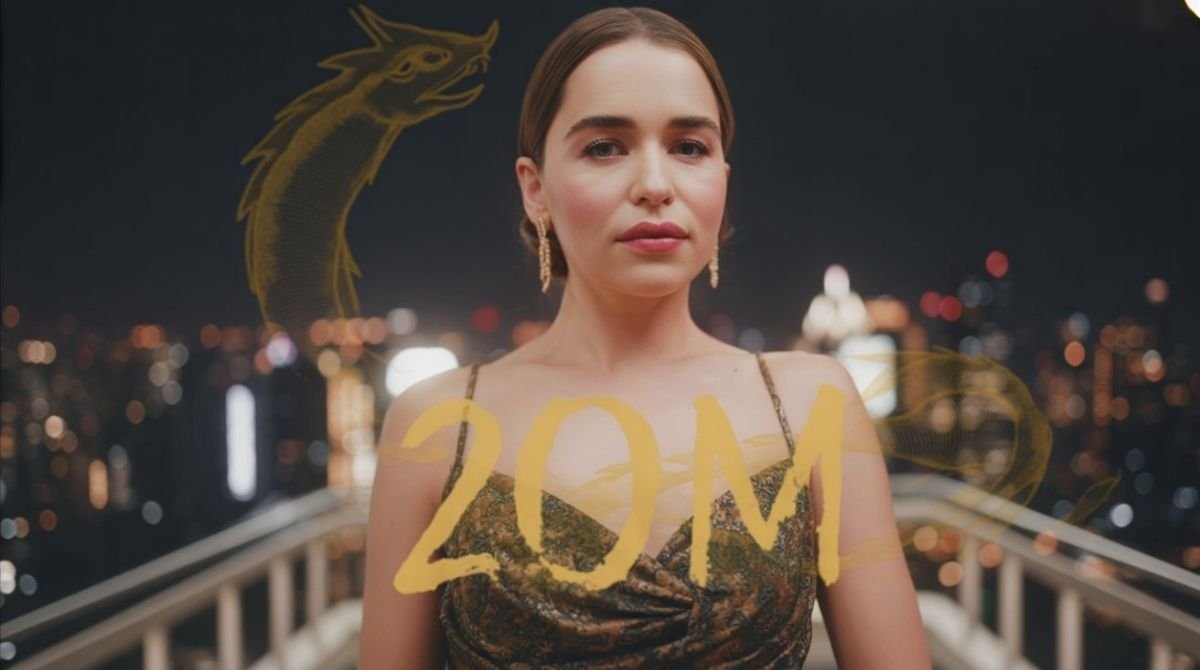 Emilia Clarke in a luxury penthouse with a city skyline, elegant attire, and subtle “$20M” visual elements representing her 2026 net worth.