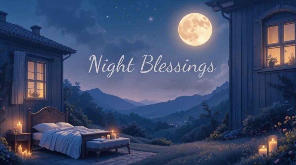 Peaceful night blessings message with moonlight scenery, calming evening prayers, spiritual comfort, gratitude, faith, rest, and positive nighttime reflections.