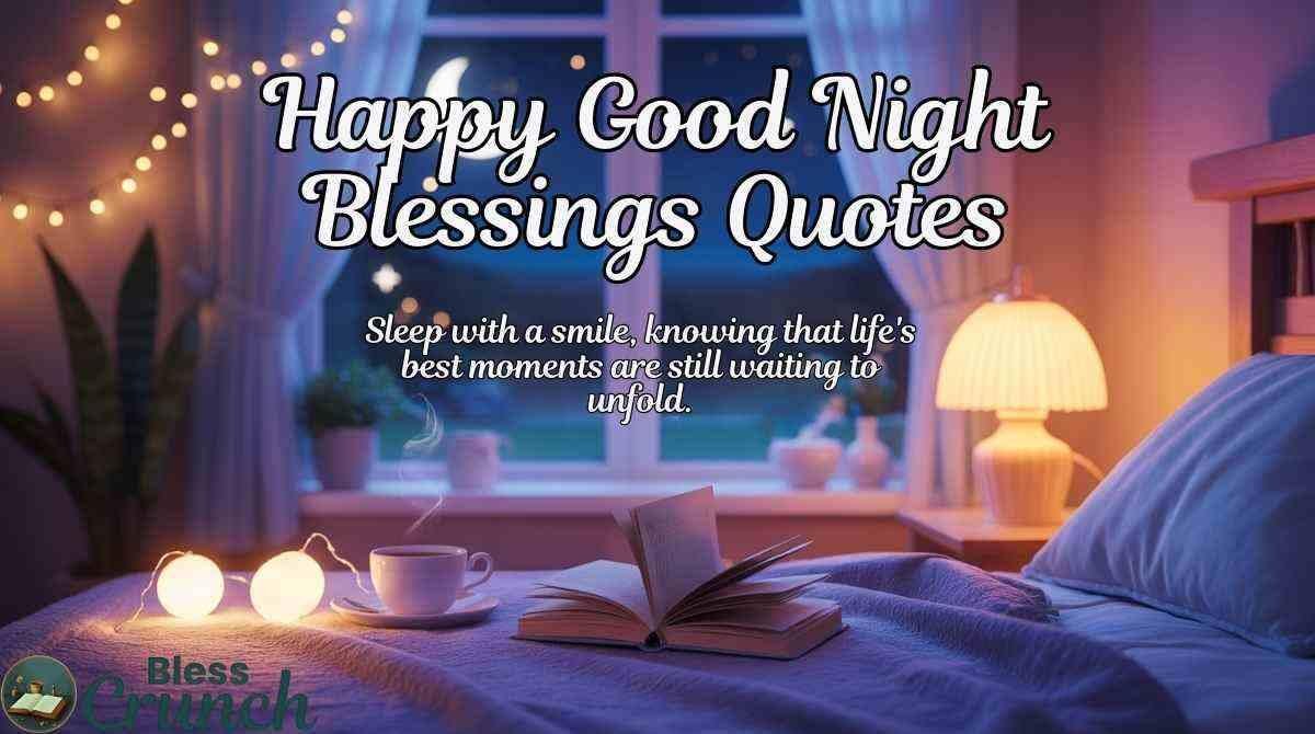 Happy good night blessings quote saying “Sleep with a smile, knowing that life's best moments are still waiting to unfold” for calm and peaceful rest