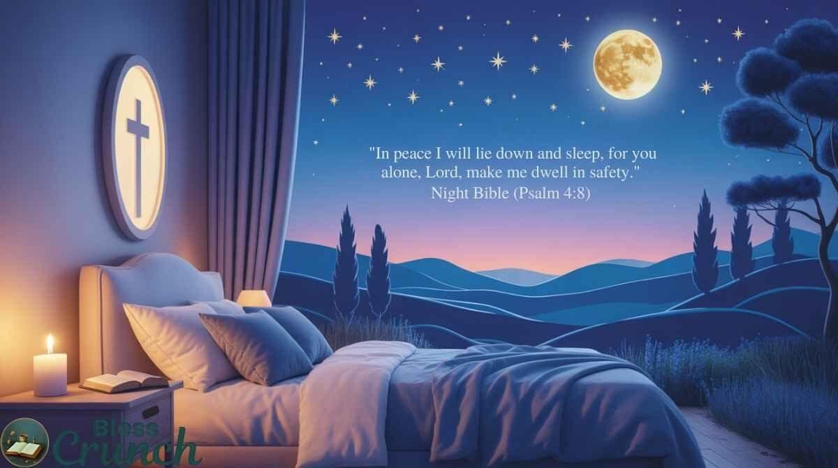Night Bible verse blessing featuring Psalm 4:8 about lying down in peace and sleeping safely under the Lord’s protection
